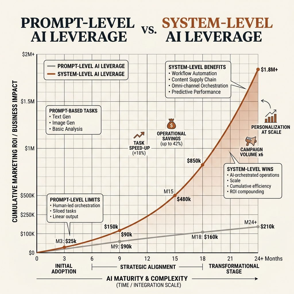 Conceptual Chart showing Prompt-Level vs System-Level AI leverage in marketing