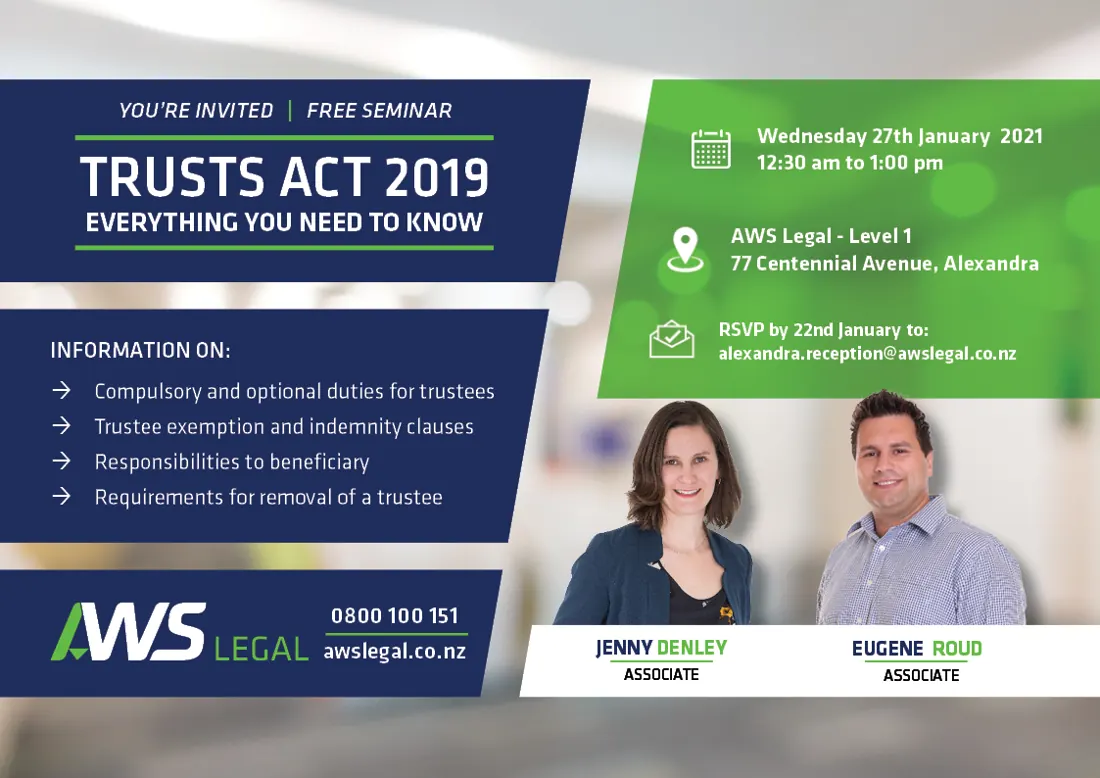 Trusts Act 2019 client seminar invitation featuring AWS Legal associates