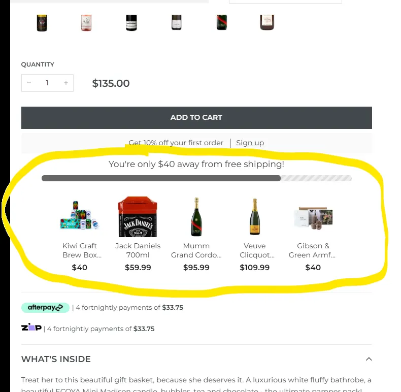 Free shipping progress bar with product suggestions on the Giftbox Boutique product page