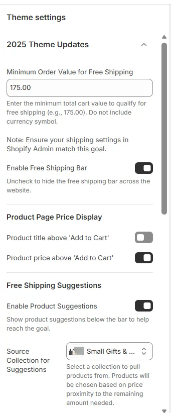 Shopify theme settings panel for the free shipping bar built by Taj Walia