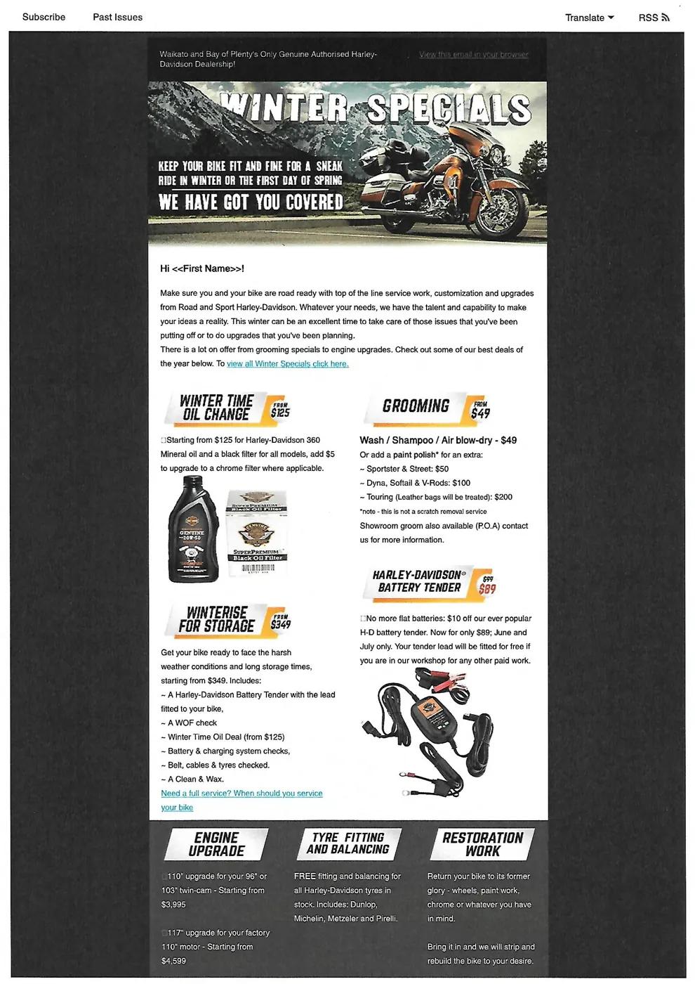 Winter Specials service marketing email for Road and Sport Harley-Davidson